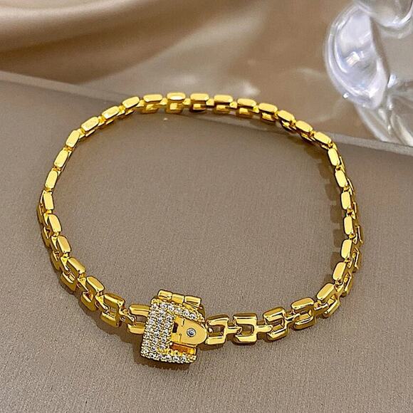 Gold Belt Buckle Bracelet Matching Ring Set, Zircon, Chain Link, Minimalist - Picture 8 of 13